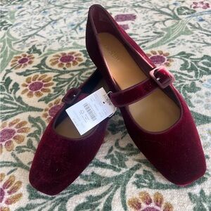 J. Crew Deep Red Velvet Mary Jane Flats
